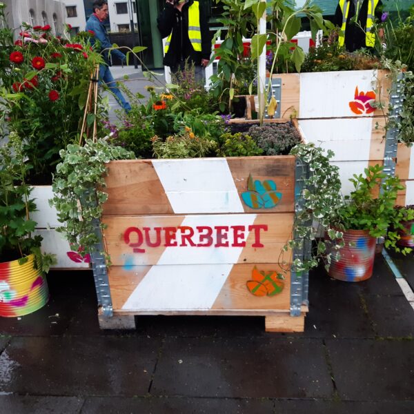 Ein hölzerner Pflanzkasten mit der Aufschrift QUERBEET und bunten Blumen- und Blattmustern enthält verschiedene Grünpflanzen und Blumen. In der Nähe stehen bemalte Blechdosen mit Pflanzen auf dem nassen Bürgersteig. Im Hintergrund stehen Menschen in gelben Westen.
