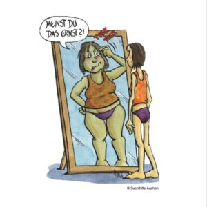 Eine dünne Person in einem orangefarbenen Tanktop und lila Unterwäsche schaut in einen Spiegel und sieht ein viel schwereres Spiegelbild. Das Spiegelbild sagt: "MEINST DU DAS ERNST?".