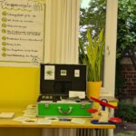 Auf einem Tisch in einem hellen Raum mit gelben Wänden und großen Fenstern steht eine grüne Kiste mit Karten, einer Spielzeugwaage und pädagogischem Material. An der Wand über dem Tisch hängt ein Plakat mit den Gruppenregeln in deutscher Sprache.