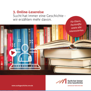 Ein Stapel offener und geschlossener Bücher steht in einem Regal. Im Vordergrund zeigt ein weißes Symbol eine Person, die an einem Laptop liest. Der Text wirbt für eine Online-Lesereihe für Eltern, Fachleute und interessierte Personen.