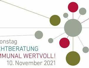Stilisierte Grafik mit zusammenhängenden Kreisen in Grau, Grün und Rot. Der Text lautet: Aktionstag Suchtberatung Kommunal Wertvoll! 10. November 2021 auf Deutsch, Werbung für eine Veranstaltung zur Suchtberatung.