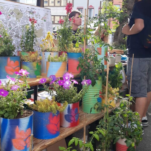 An einem Marktstand stehen bunt bemalte Blechdosen, die mit verschiedenen Blumen und Pflanzen gefüllt sind. Zwei Personen unterhalten sich neben dem Stand, während im Hintergrund Gebäude zu sehen sind. Das Sonnenlicht erhellt die Szene.
