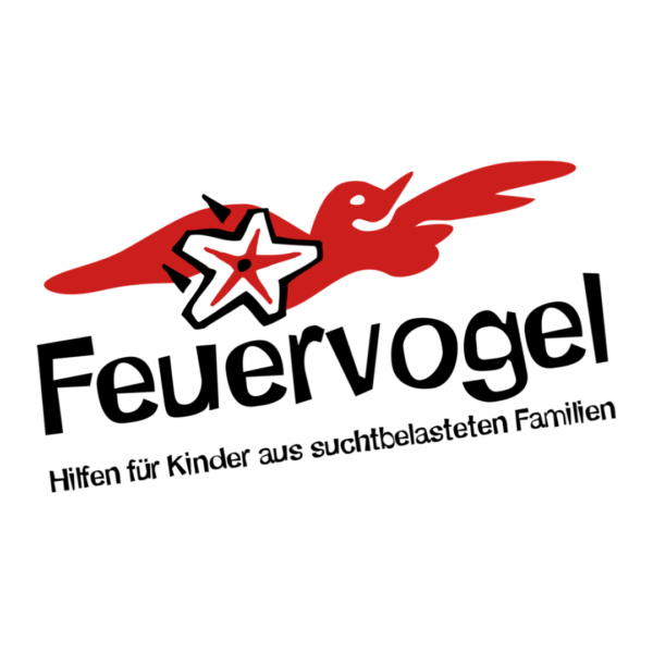 Das Logo zeigt einen roten Vogel, der einen weißen Stern mit schwarzer Umrandung hält, über dem Wort Feuervogel. Darunter steht in schwarzer Schrift "Hilfen für Kinder aus suchtbelasteten Familien".