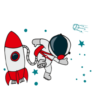 Ein Cartoon-Astronaut schwebt mit einem Schlauch an einer rot-weißen Rakete befestigt im Weltraum, mit blauen Sternen und einem Kometen im Hintergrund.