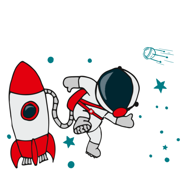Ein Cartoon-Astronaut schwebt mit einem Schlauch an einer rot-weißen Rakete befestigt im Weltraum, mit blauen Sternen und einem Kometen im Hintergrund.