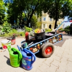 Ein dekorierter Wagen mit Gartengeräten steht auf einem Weg, umgeben von bunten Gießkannen, Eimern und üppigen grünen Pflanzen, mit einem gelben Gebäude und Bäumen im Hintergrund an einem sonnigen Tag.