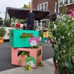 Bunte Kisten mit Pflanzen sind auf einer Straße in der Stadt angeordnet, so dass ein kleiner Garten entsteht. Menschen sind in der Nähe eines Vordachs im Hintergrund versammelt, dahinter stehen Wohnhäuser aus Backstein.