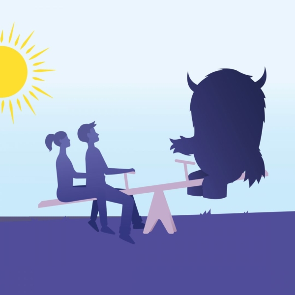 Ein Cartoon zeigt zwei Menschen auf einer Wippe, die von einem großen, pelzigen, gehörnten Wesen auf der anderen Seite überwogen werden. Die Sonne strahlt hell am Himmel und wirft Schatten auf den Boden.