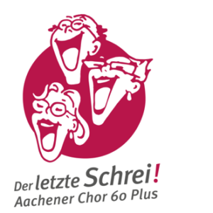 Logo von Der letzte Schrei! Aachener Chor 60 Plus mit drei illustrierten, älteren Menschen, die lachen oder fröhlich singen, gezeichnet in Weiß über einem roten Kreis.