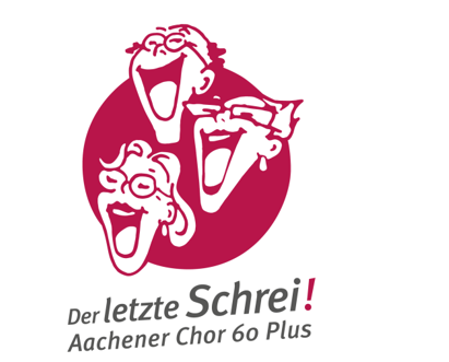 Logo von Der letzte Schrei! Aachener Chor 60 Plus mit drei illustrierten, älteren Menschen, die lachen oder fröhlich singen, gezeichnet in Weiß über einem roten Kreis.