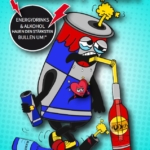 Eine Cartoon-Energydrink-Dose mit müden Augen trinkt aus Flaschen mit der Aufschrift Alkohol und lässt sich mit einem traurigen Gesichtsausdruck fallen. Eine kleine, wütende Herzfigur schlägt auf die Dose ein. Der deutsche Text warnt vor dem Mischen von Energydrinks und Alkohol.