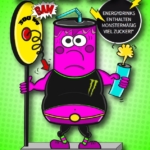 Cartoonbild einer lilafarbenen Energydrink-Dose mit Armen und Beinen, die Muskeln anspannen, neben einem Kraftmessgerät. Der Text hebt den hohen Zuckergehalt in Energydrinks hervor. Hashtags und Kampagnenlogos erscheinen am unteren Rand.