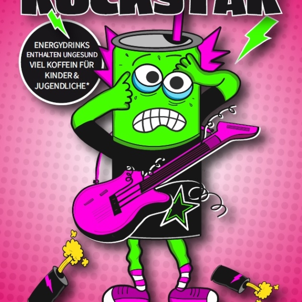 Eine Cartoon-Energydrink-Dose mit einem schockierten Gesicht, das eine rosa E-Gitarre hält, steht auf einem rosa gepunkteten Hintergrund. Der Text lautet "Party like no rockstar" und warnt davor, dass Energydrinks für Kinder und Jugendliche ungesund sind.