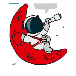 Ein Cartoon-Astronaut sitzt auf einer roten Mondsichel, hält ein Teleskop und schaut hindurch. Der Hintergrund ist weiß mit ein paar grauen und blaugrünen Akzenten.