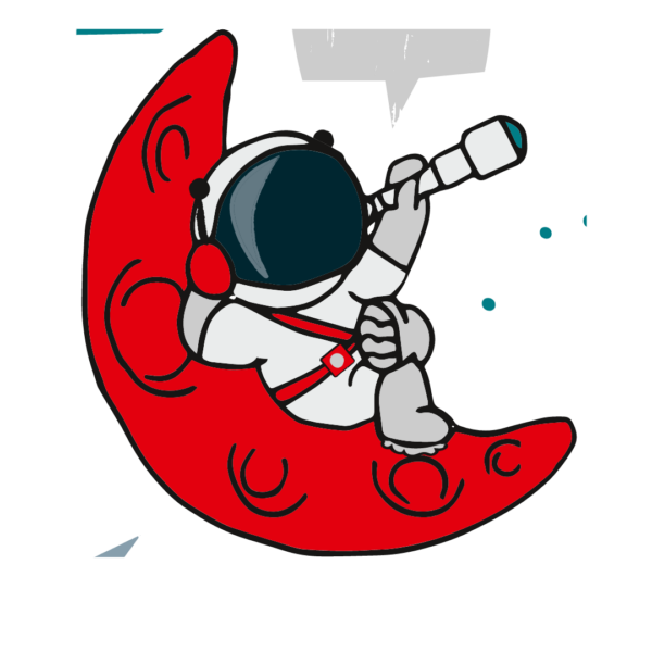 Ein Cartoon-Astronaut sitzt auf einer roten Mondsichel, hält ein Teleskop und schaut hindurch. Der Hintergrund ist weiß mit ein paar grauen und blaugrünen Akzenten.