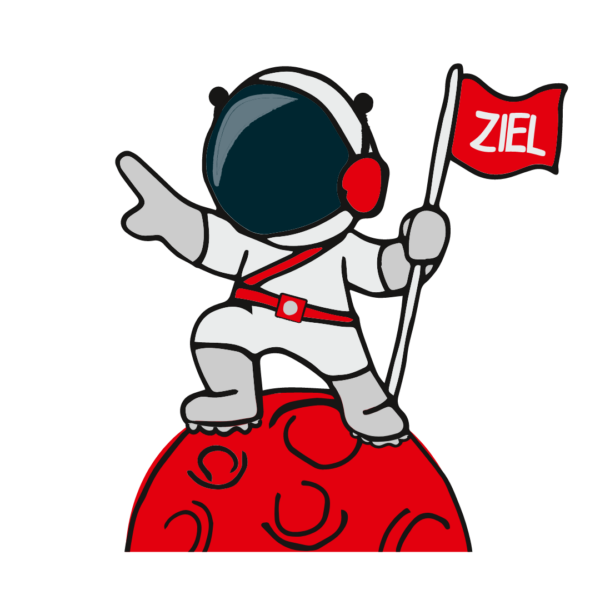 Ein Cartoon-Astronaut in einem weißen Anzug steht auf einem roten Planeten, hält eine rote Flagge mit der Aufschrift ZIEL und zeigt mit einer Hand nach vorne.