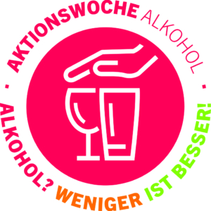 Ein rundes Logo mit zwei umrandeten Gläsern und einer Hand darüber auf einem rosa Hintergrund. Der umlaufende Text lautet: Aktionswoche Alkohol - Alkohol? Weniger ist besser! in rosa, orange und grün.