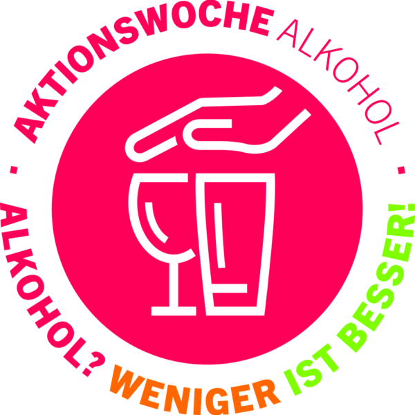 Ein rundes Logo mit zwei umrandeten Gläsern und einer Hand darüber auf einem rosa Hintergrund. Der umlaufende Text lautet: Aktionswoche Alkohol - Alkohol? Weniger ist besser! in rosa, orange und grün.