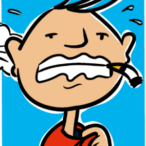 Cartoon einer Person mit kurzen dunklen Haaren, die nervös schwitzt, die Zähne zusammenbeißt und eine Zigarette im Mund hält, vor einem blauen Hintergrund.