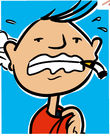 Cartoon einer Person mit kurzen dunklen Haaren, die nervös schwitzt, die Zähne zusammenbeißt und eine Zigarette im Mund hält, vor einem blauen Hintergrund.