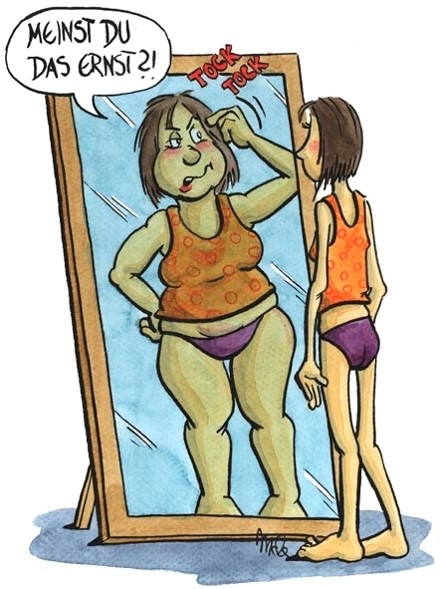 Eine dünne Frau in orangefarbener Unterwäsche schaut in einen Spiegel, aber ihr Spiegelbild erscheint größer und runzelt die Stirn, während sie an das Glas klopft. Eine Sprechblase auf Deutsch sagt: "Meinst du das ernst?! (Meinst du das ernst?!).