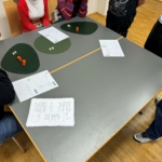 Sechs Personen sitzen oder stehen um zwei Tische mit grünen Matten, Würfeln, Pokerchips und bedruckten Papieren herum und beschäftigen sich mit einer Gruppenaktivität oder einem Spiel in einem hellen Raum mit Holzboden.