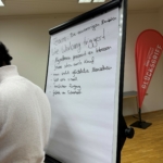 Auf einem Flipchart sind handschriftliche deutsche Notizen mit der Überschrift Wie Werbung triggert! zu sehen, darunter Aufzählungspunkte. Eine Person steht in der Nähe, mit dem Rücken zur Kamera. Im Hintergrund prangt ein rotes Banner mit der Aufschrift GLÜCKSRUFER.