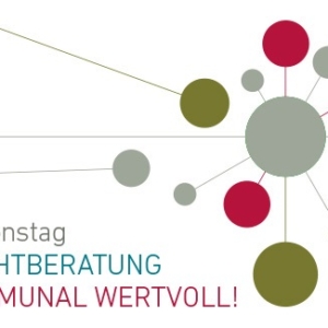 Abstraktes Netz aus grauen, olivfarbenen und roten Kreisen, die durch dünne Linien verbunden sind. Der deutsche Text lautet: Aktionstag SUCHTBERATUNG KOMMUNAL WERTVOLL! auf weißem Hintergrund.