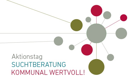 Abstraktes Netz aus grauen, olivfarbenen und roten Kreisen, die durch dünne Linien verbunden sind. Der deutsche Text lautet: Aktionstag SUCHTBERATUNG KOMMUNAL WERTVOLL! auf weißem Hintergrund.