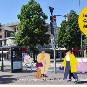 Eine Stadtstraße mit einer Kirche, einer Bushaltestelle und Bäumen. Illustrierte Menschen und ein Hund sind in die Szene eingefügt. In einer gelben Sprechblase steht Innenstadt. Gemeinsam. Machen. auf Deutsch.