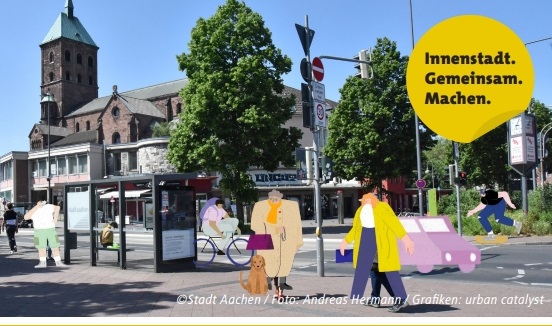 Eine Stadtstraße mit einer Kirche, einer Bushaltestelle und Bäumen. Illustrierte Menschen und ein Hund sind in die Szene eingefügt. In einer gelben Sprechblase steht Innenstadt. Gemeinsam. Machen. auf Deutsch.