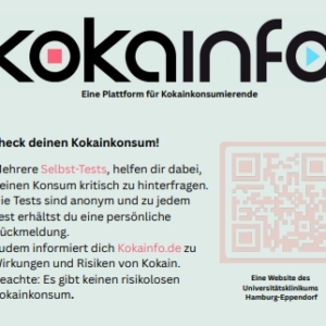 Flyer mit der Überschrift kokainfo und dem Untertitel Eine Plattform für Kokainkonsumierende. Der Text ermutigt die Nutzer, ihren Kokainkonsum mit anonymen Selbsttests zu überprüfen. Enthält einen QR-Code und Informationen zur Website.