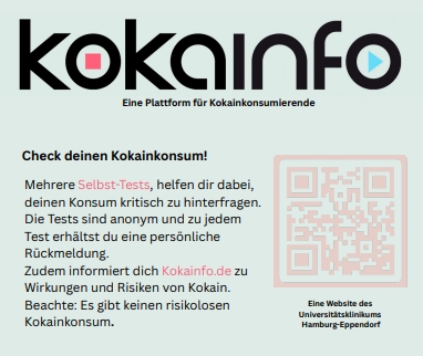 Flyer mit der Überschrift kokainfo und dem Untertitel Eine Plattform für Kokainkonsumierende. Der Text ermutigt die Nutzer, ihren Kokainkonsum mit anonymen Selbsttests zu überprüfen. Enthält einen QR-Code und Informationen zur Website.