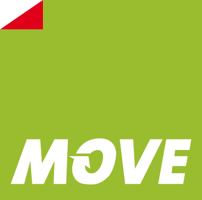 Ein grünes Quadrat zeigt das Wort MOVE in fetten weißen Buchstaben unten rechts, mit einem kreisförmigen Pfeil, der das O bildet. Ein kleines rotes Dreieck erscheint in der oberen linken Ecke.