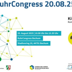 Digitaler Veranstaltungsflyer für den RuhrCongress 20.08.25 mit Datum, Uhrzeit und Ortsangaben. Netzwerkknoten-Grafiken, Logos und ein gelber #KiN-Kreis sind enthalten. Veranstaltungsort: RuhrCongress Bochum.
