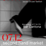 Ein Plakat, das für STOFFMARKT wirbt: Soziale Kreislaufmode in der Bar Cantona, Bismarckstr. 47, am 7. Dezember von 14-17h. Der Hintergrund zeigt unscharfe Beine beim Gehen und einen gefliesten Boden. Veranstaltungsdetails und Logos sind enthalten.